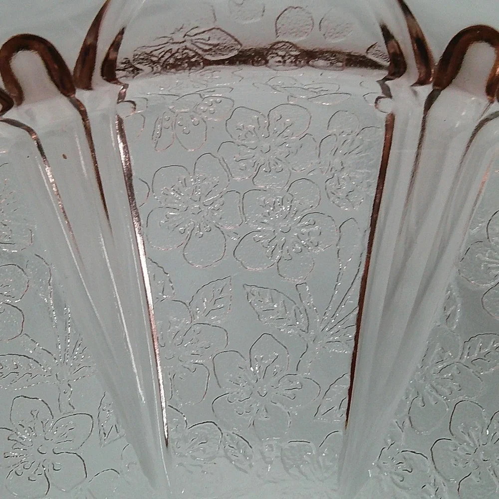 Jeannette Cherry Blossom Cake Plate 10.5in Pink Glass Vintage 2-Handle